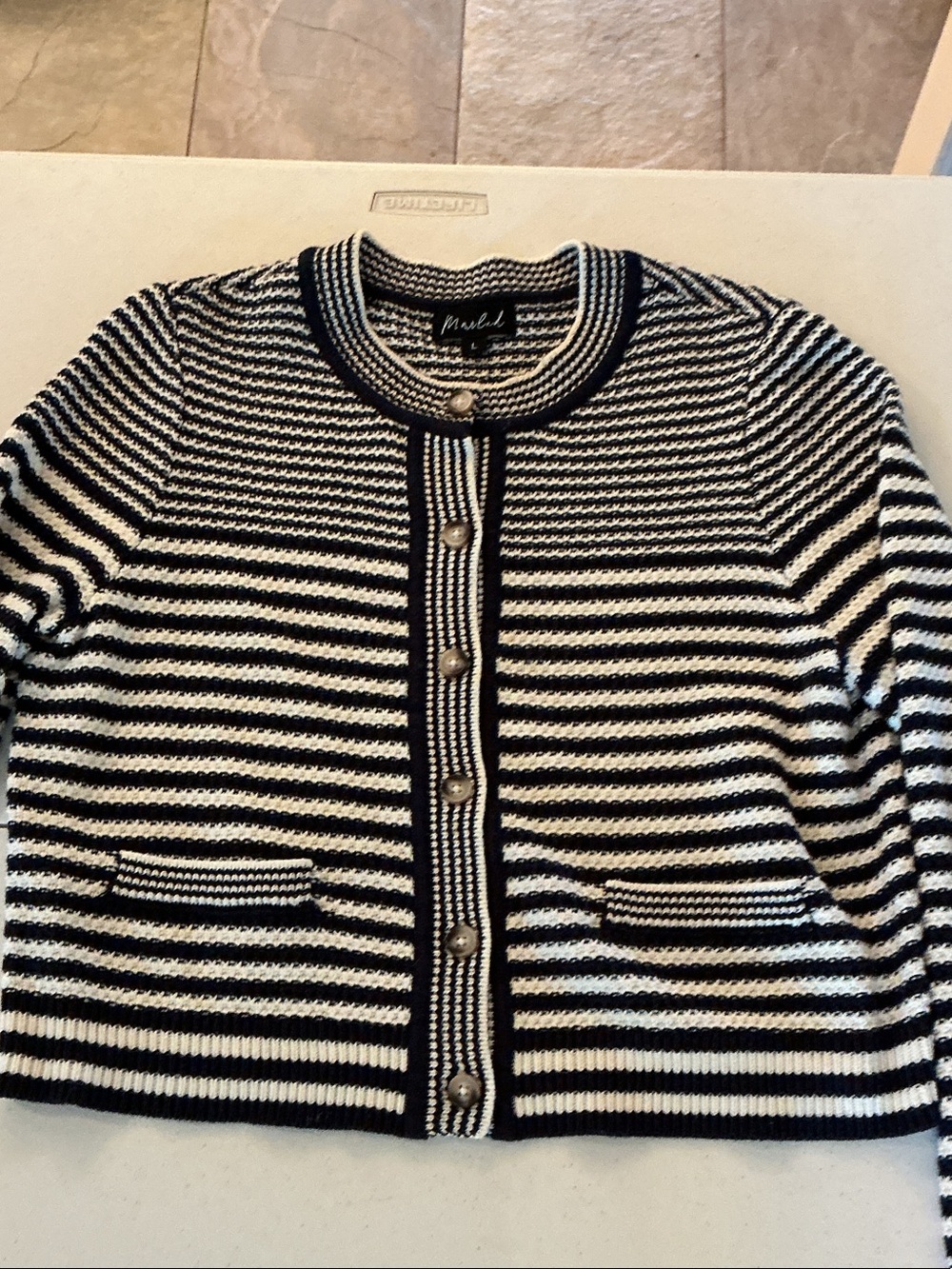 Black & White Striped Knit Cardigan Sweater